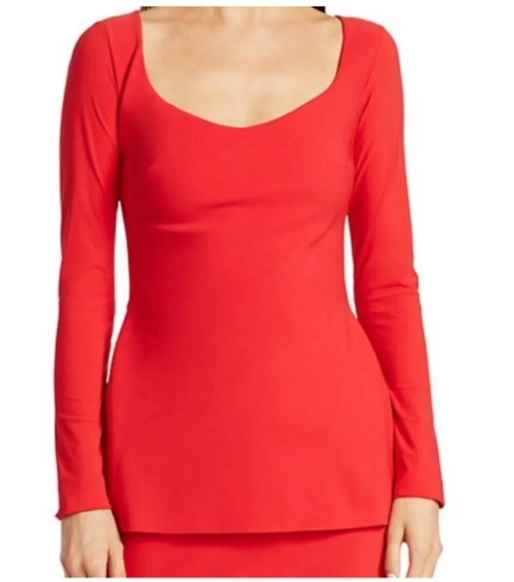 Chiara Boni Long Sleeve Scoop Neck Fitted Top Vibrant Red IT Size 46 US Size 10